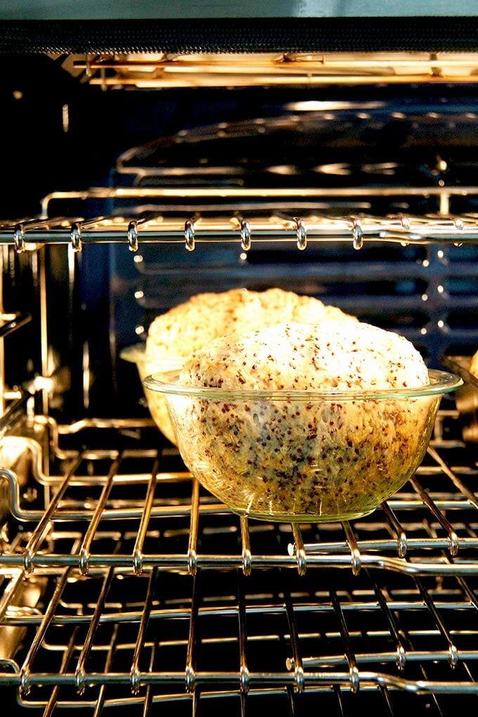 quinoa-flax bread in bowl baking in oven