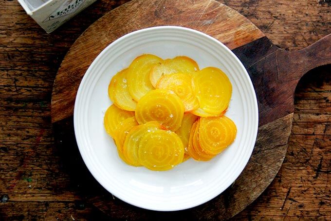 Salted beets in a bowl. 