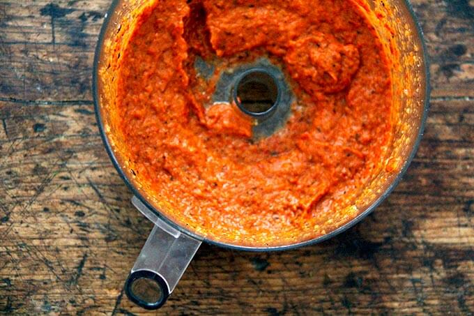 Homemade harissa paste in a food processor. 