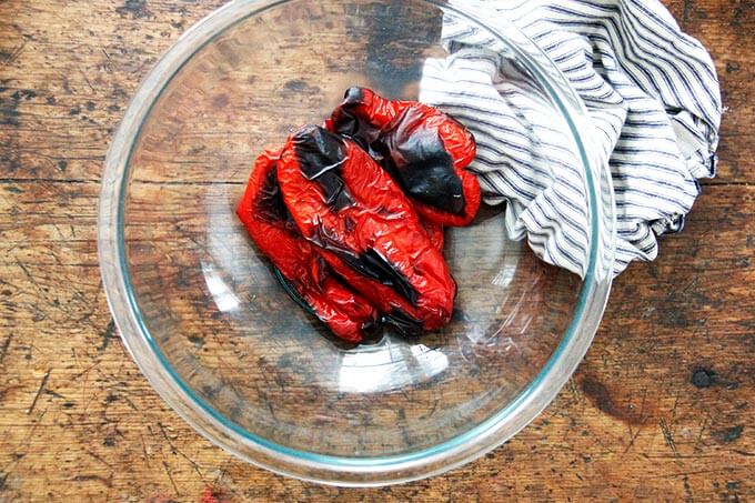 A bowl of roasted red peppers.