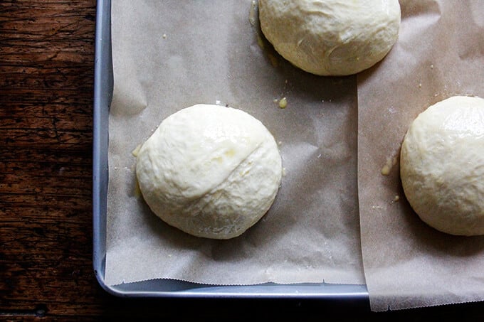 A large sheet pan lined with parchment paper topped with brioche balls brushed with egg wash.