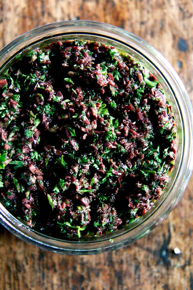 A jar of homemade black olive tapenade.