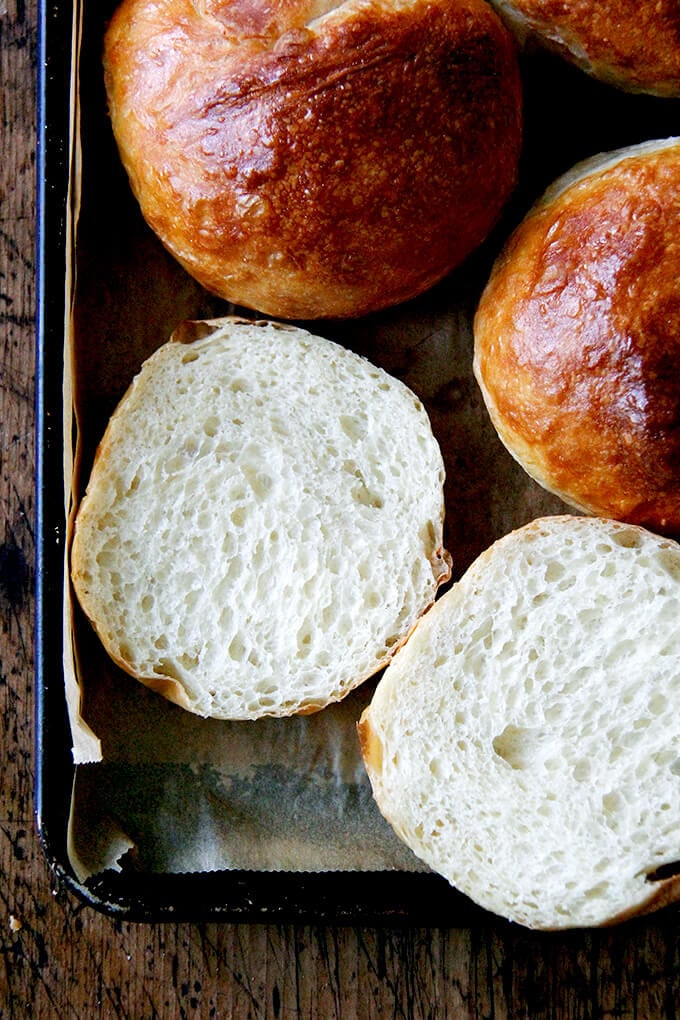 A halved brioche bun. 