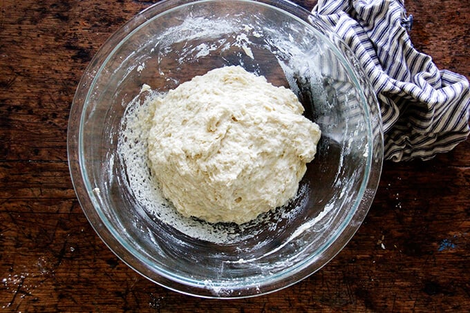 Mixed brioche dough in a bowl, ready to rise. 