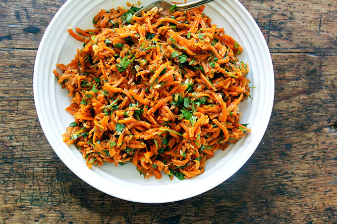 A bowl of Moroccan carrot salad. 