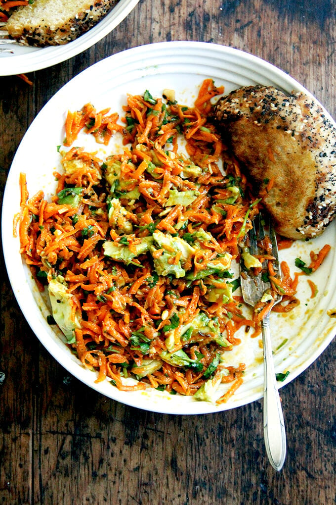 A plate of Moroccan carrot salad with avocado.