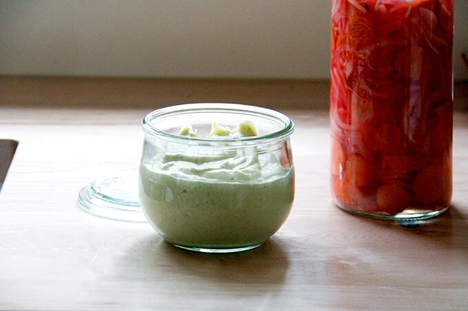 A jar of homemade aioli. 