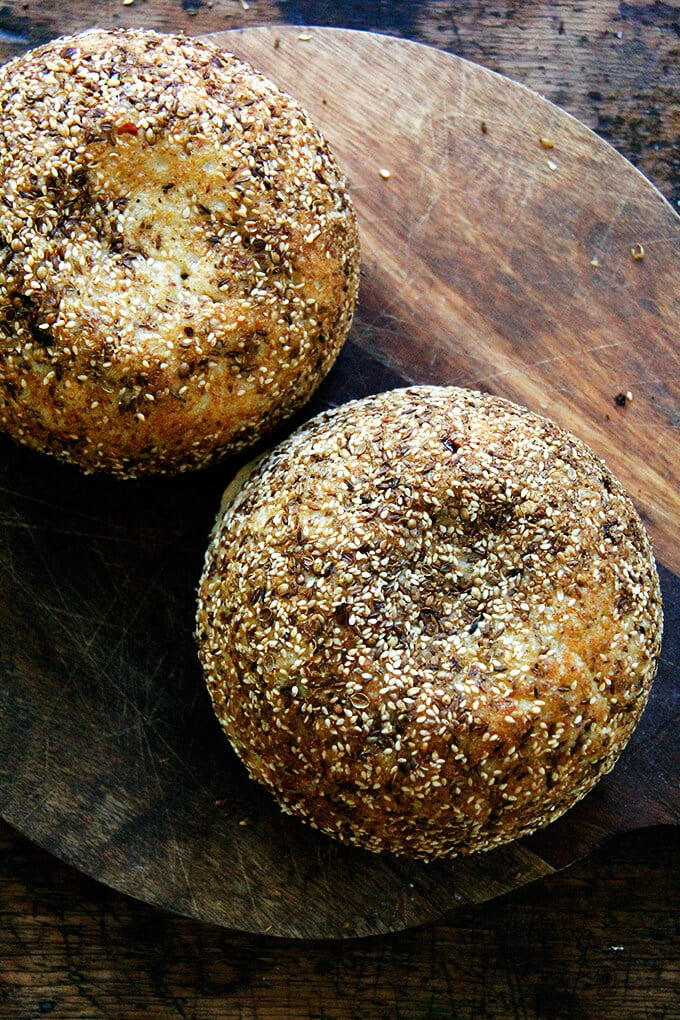 A board with homemade dukkah bread. 