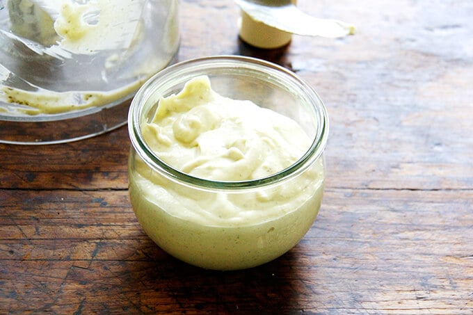 A jar of homemade aioli. 