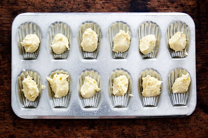 An overhead shot of madeleine cookie batter in a madeleine pan.