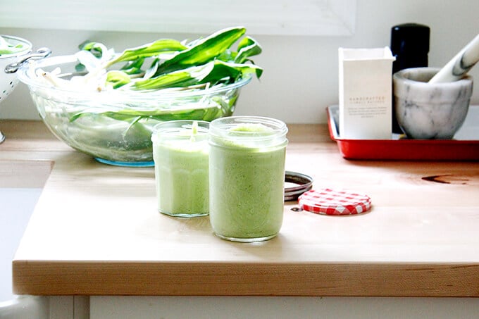 Two jars of homemade ramp aioli. 