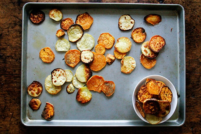 Toasted sweet potatoes on a board. 