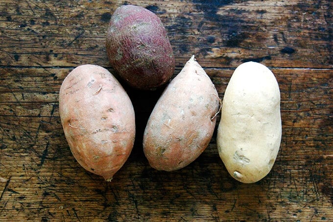 A board of sweet potatoes. 