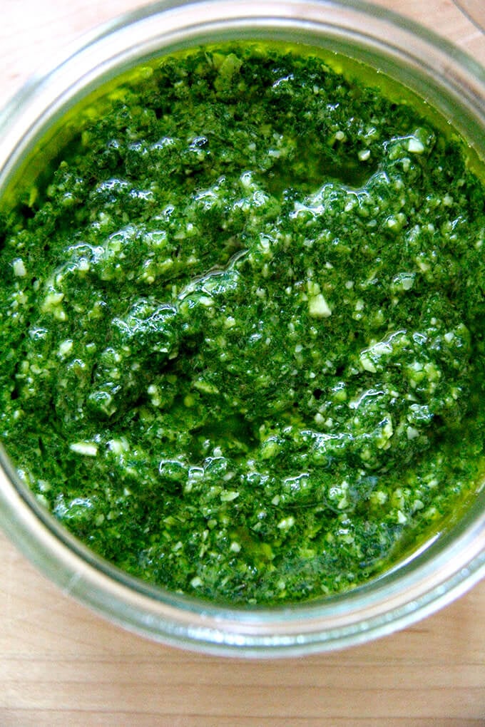 A jar of basil pesto.