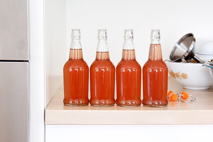 Four jars of rhubarb schnapps. 