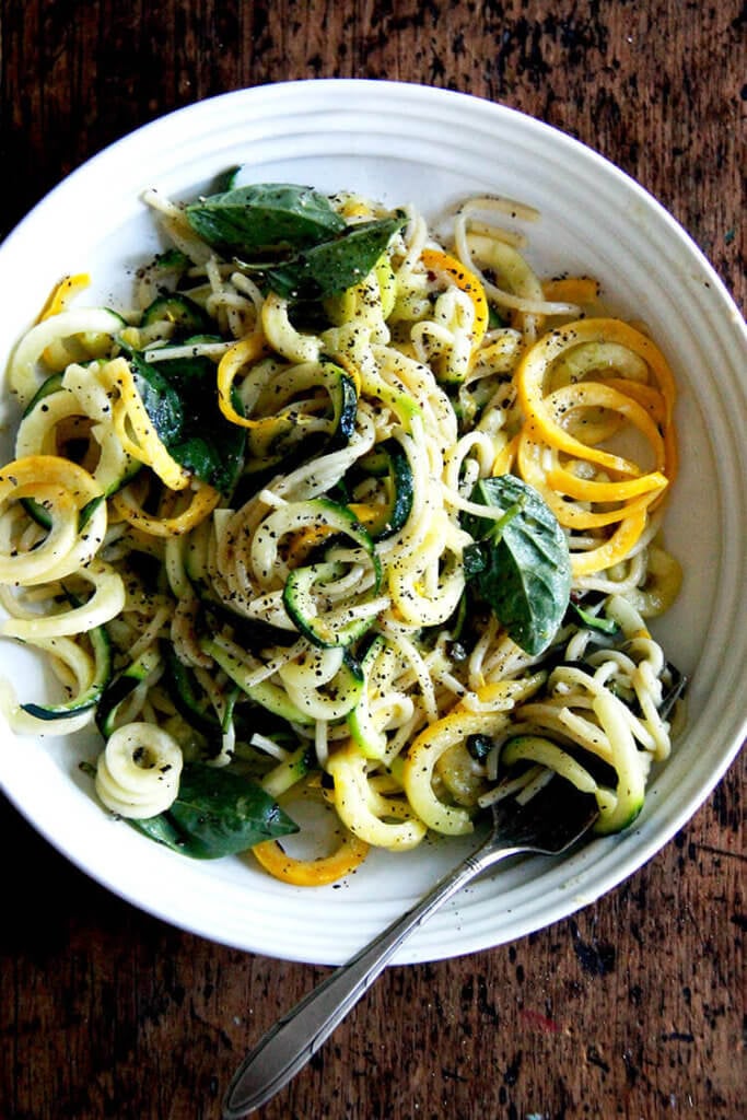 A bowl of summer squash spaghetti