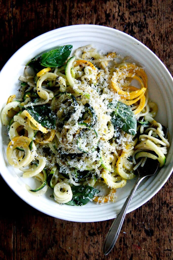 A bowl of summer squash spaghetti