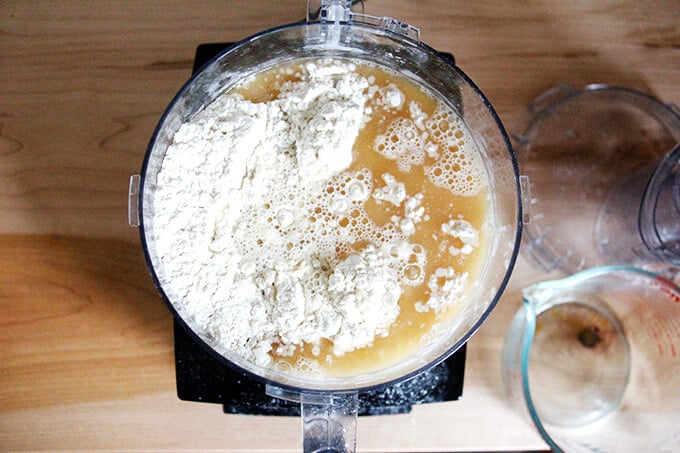 Bagel-making ingredients in the food processor. 