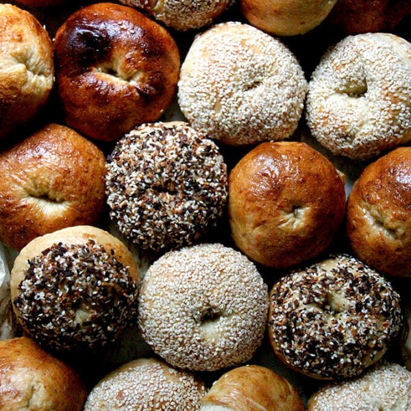 A sheet pan filled with freshly baked bagels.