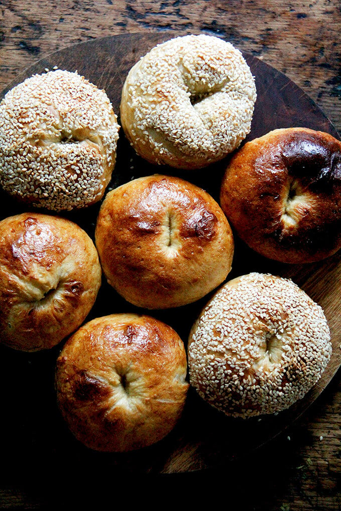Just-baked bagels on board. 
