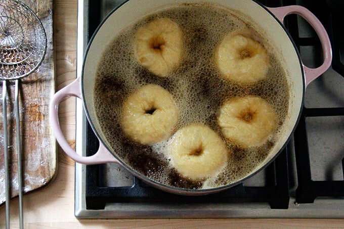 Boiled bagels. 