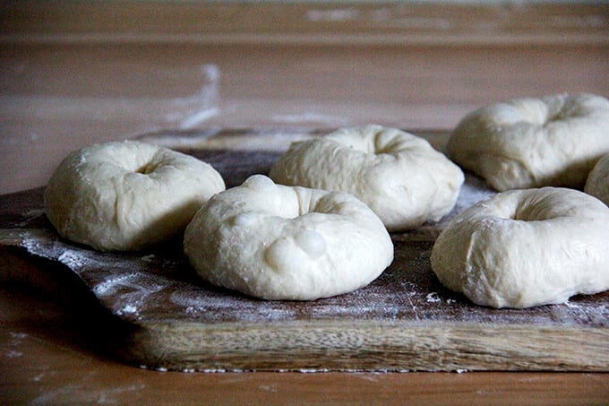 A board with shaped bagels. 