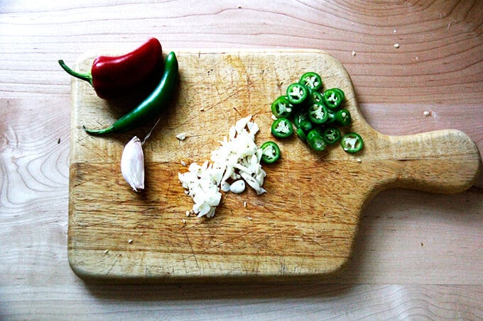 A board with the ingredients to make nuoc cham.