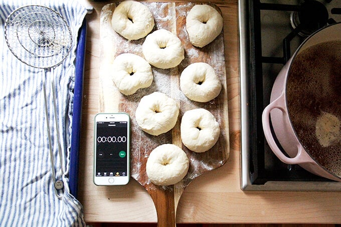 Bagels ready to be boiled. 