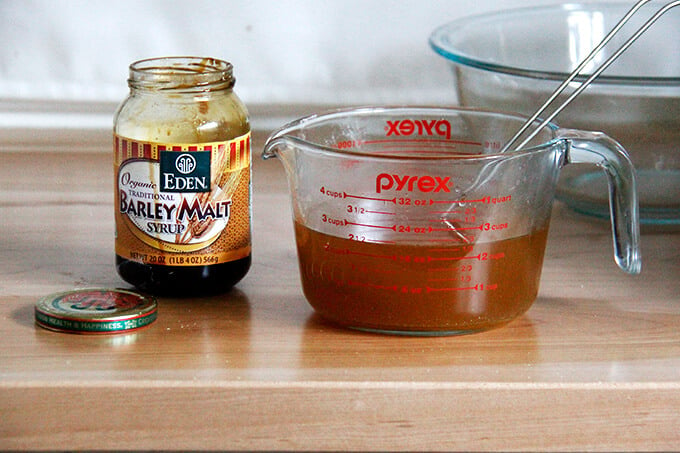 A jar of barley malt syrup. 