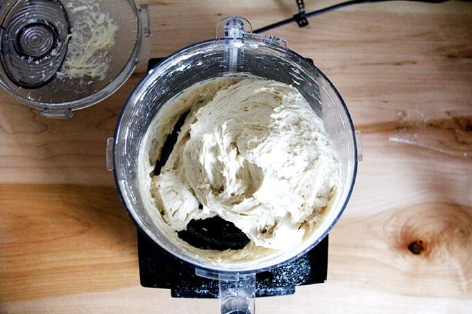 Bagel dough in food processor. 