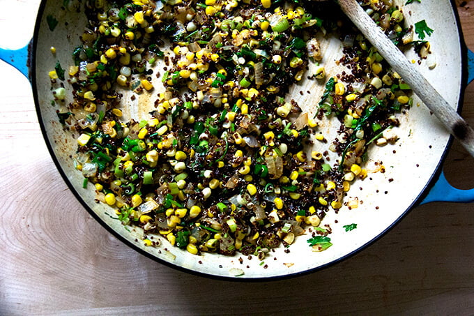 Sautéed vegetables plus quinoa in a skillet. 