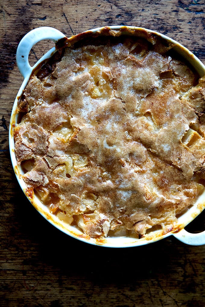 A just-baked cobbler with hot sugar crust.