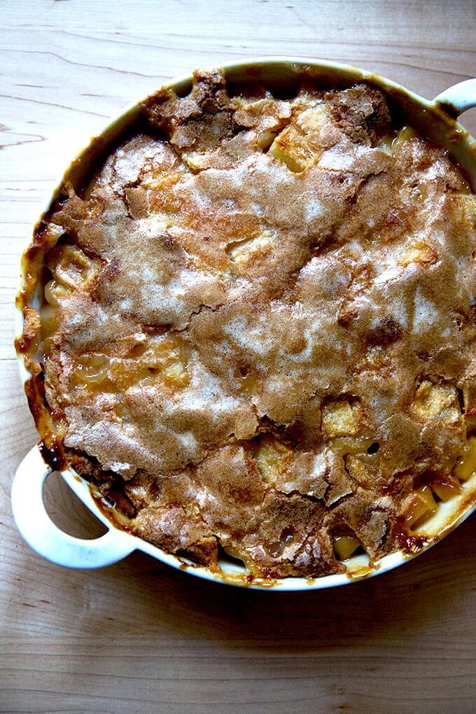 Just baked apple cobbler with hot sugar crust.