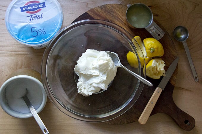 Overhead shot of the ingredients for the lemony yogurt sauce.