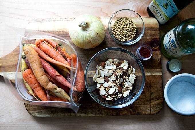 Carrot-saffron soup with almonds ingredients. 