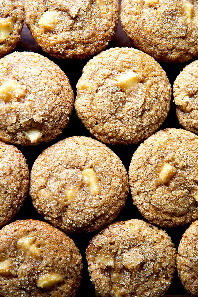 Apple orchard muffins with turbinado sugar crust.