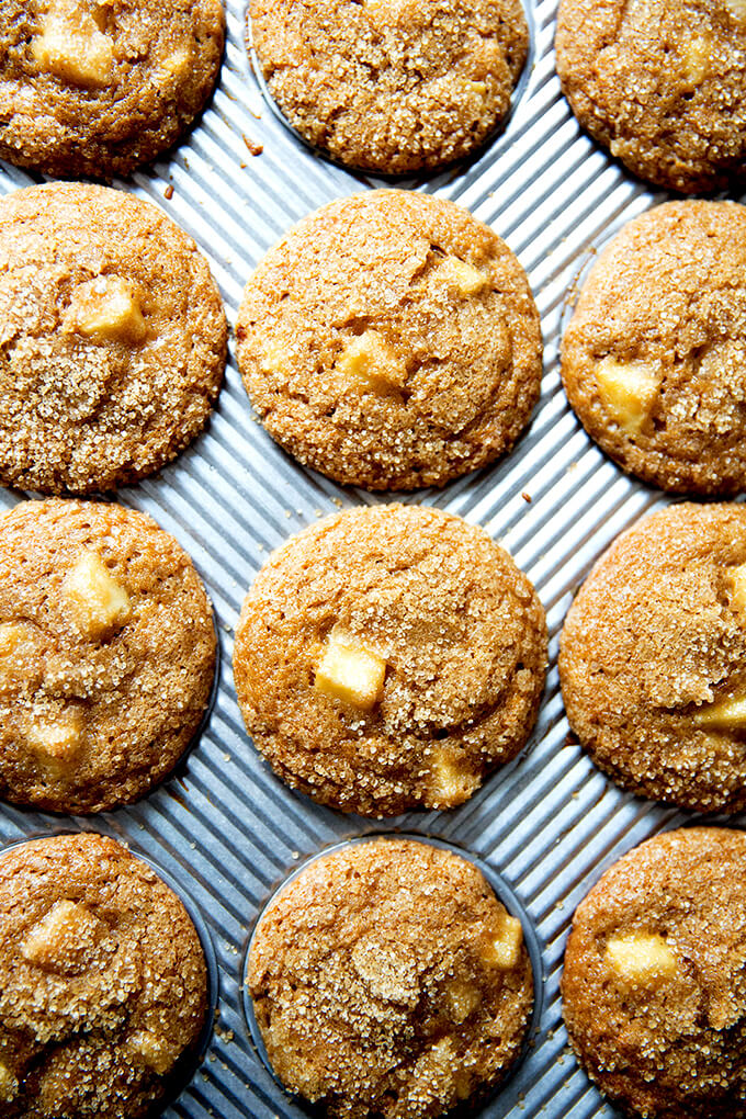 Apple orchard muffins with turbinado sugar crust.