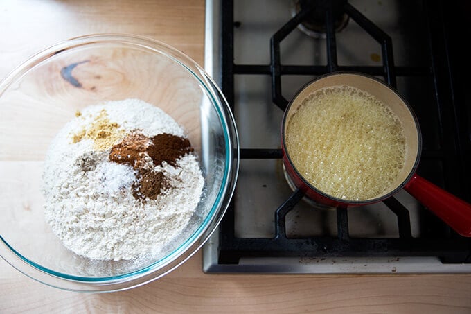 brown butter and dry ingredients for spiced brown butter holiday cookies