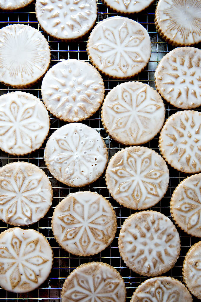Stamped spiced brown butter muscovado cookies with maple glaze.