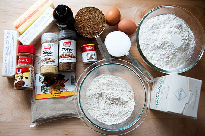 Ingredients for Stamped spiced brown butter muscovado cookies with maple glaze.