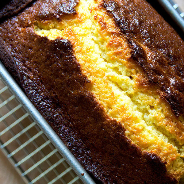 just-baked orange-ricotta pound cake — this is a one-bowl cake, flavored with orange zest and orange liqueur, made with butter (as opposed to oil). It stays moist for days and makes a wonderful gift.