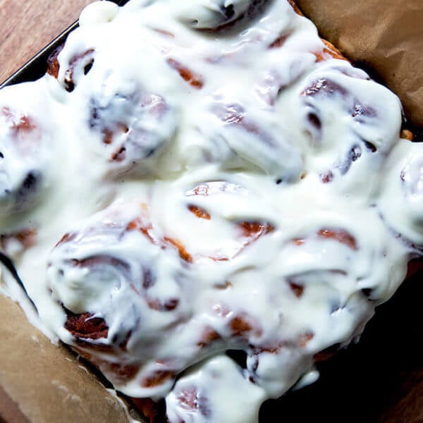 An overhead shot of overnight cinnamon buns for Christmas (or any!) morning.