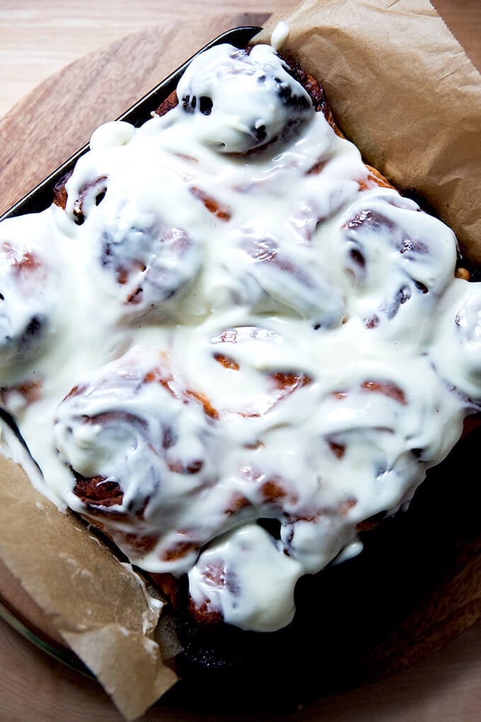 An overhead shot of overnight cinnamon buns for Christmas (or any!) morning.