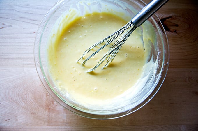 the batter for one-bowl orange ricotta loaf cake all whisked together in a large bowl. 