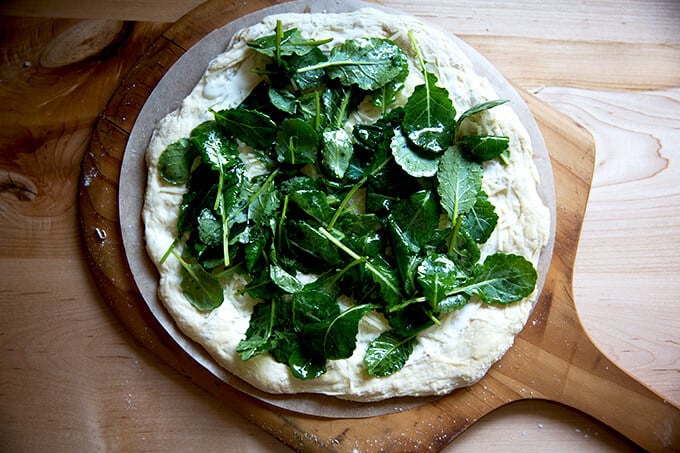 A round of pizza dough topped with creme fraiche, parmesan, kale, and garlic.