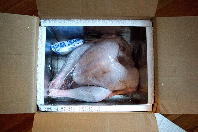 A frozen, Butcher Box turkey in a box. 