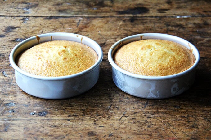 One-Bowl Buttermilk Birthday Cake just baked in two small cake pans on a table. 