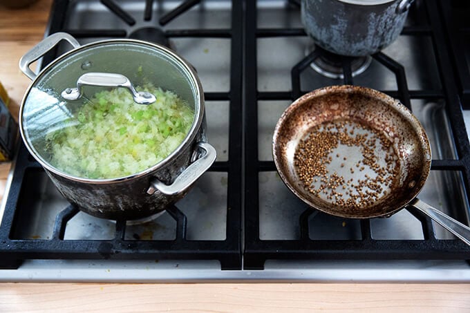 sweating vegetables and toasting coriander seeds