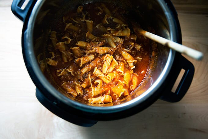 Instant Pot one-pan pasta and meat sauce, done