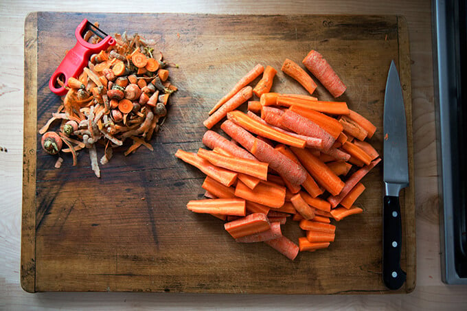 prepped carrots for vegan carrot-ginger soup with curry and coconut milk